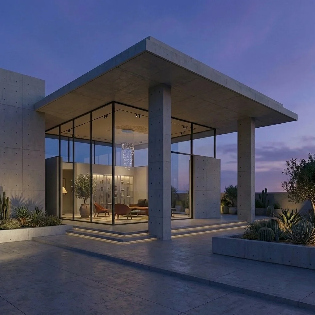 Modern house with large glass windows and concrete structure, surrounded by desert plants, during dusk.