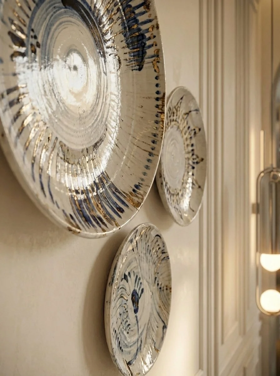 Decorative metallic wall plates with black and gold accents mounted on a beige wall, partially visible in a room with cream-colored molding and wall-mounted lights.