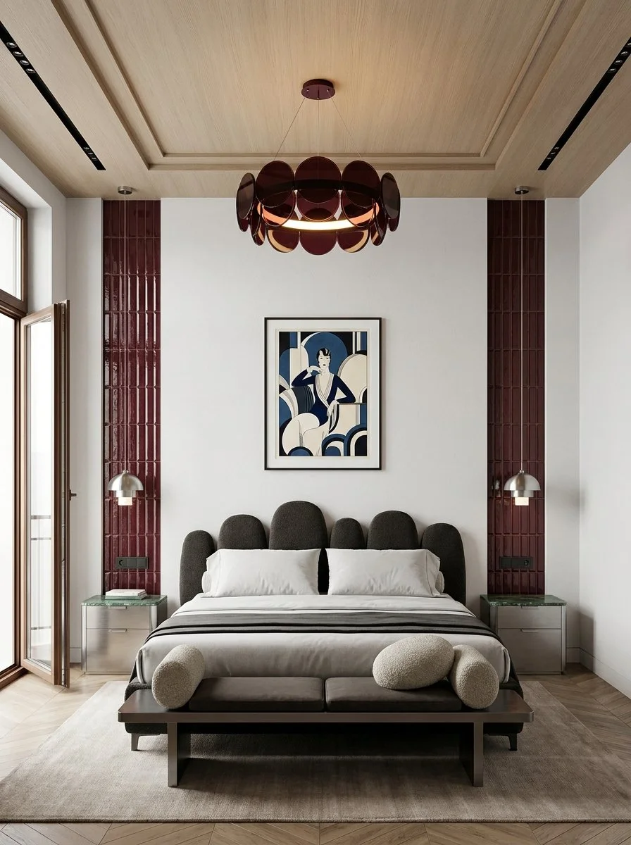 Modern bedroom with a large bed, dark upholstered headboard, white bedding, and pillows. Two small nightstands with glass tops and metallic drawers, with hanging lamps on each side. A framed abstract art piece on the white wall above the bed. A patte