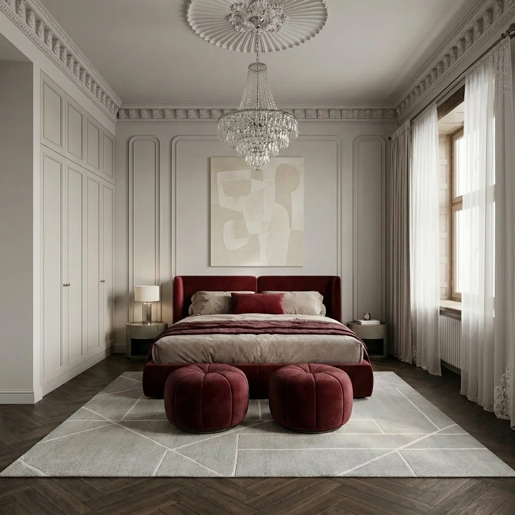 Elegant bedroom with a chandelier, white walls, large windows with curtains, a red upholstered bed with beige and red pillows, two matching red ottomans, bedside tables with lamps, a framed abstract artwork above the bed, and a geometric area rug.