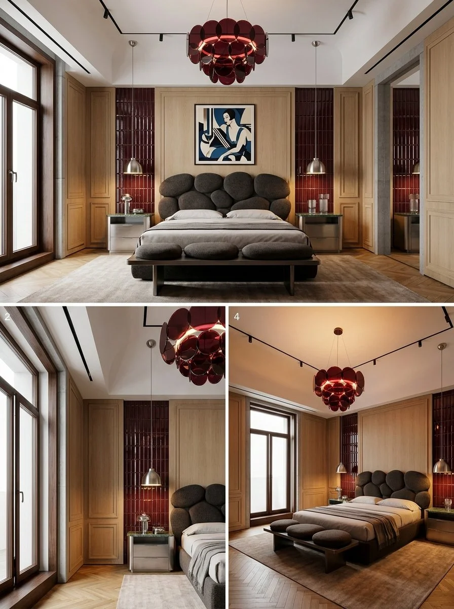 A modern bedroom with a large bed, dark pebble-shaped headboard, wooden wall panels, red pendant lights, and artwork of a woman reading. Large windows and a ceiling light fixture visible.