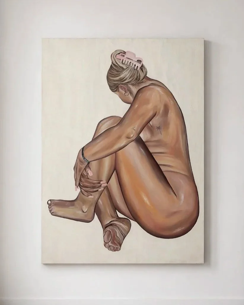 A painting of a nude woman sitting with her knees drawn up, viewed from the side, with her head bowed down.
