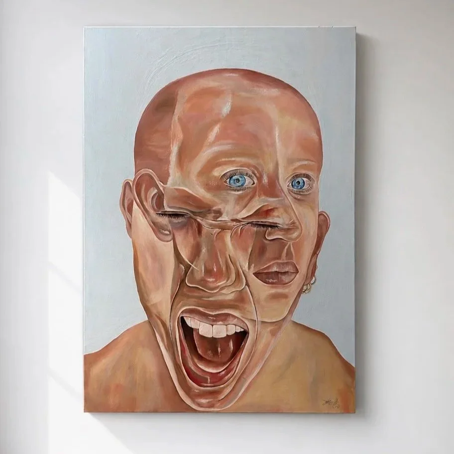 A distorted, surreal painting of a human face with multiple facial features, including large blue eyes, an open mouth, and several overlapping noses and mouths, creating a disorienting and exaggerated appearance.