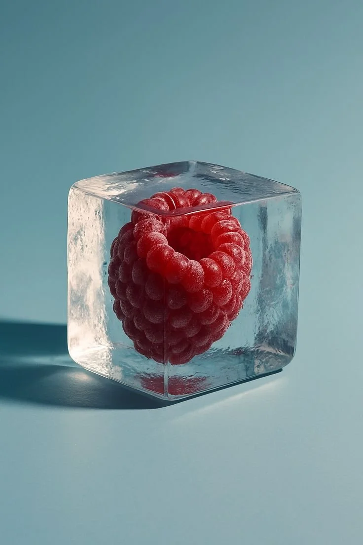 A raspberry inside a clear ice cube on a light blue background.