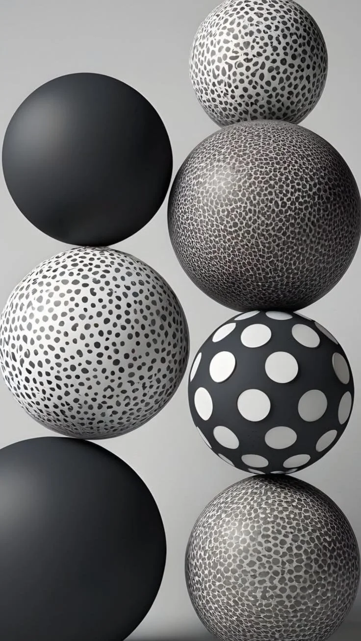 A vertical arrangement of eight black and white spherical objects with various patterns, set against a plain gray background.