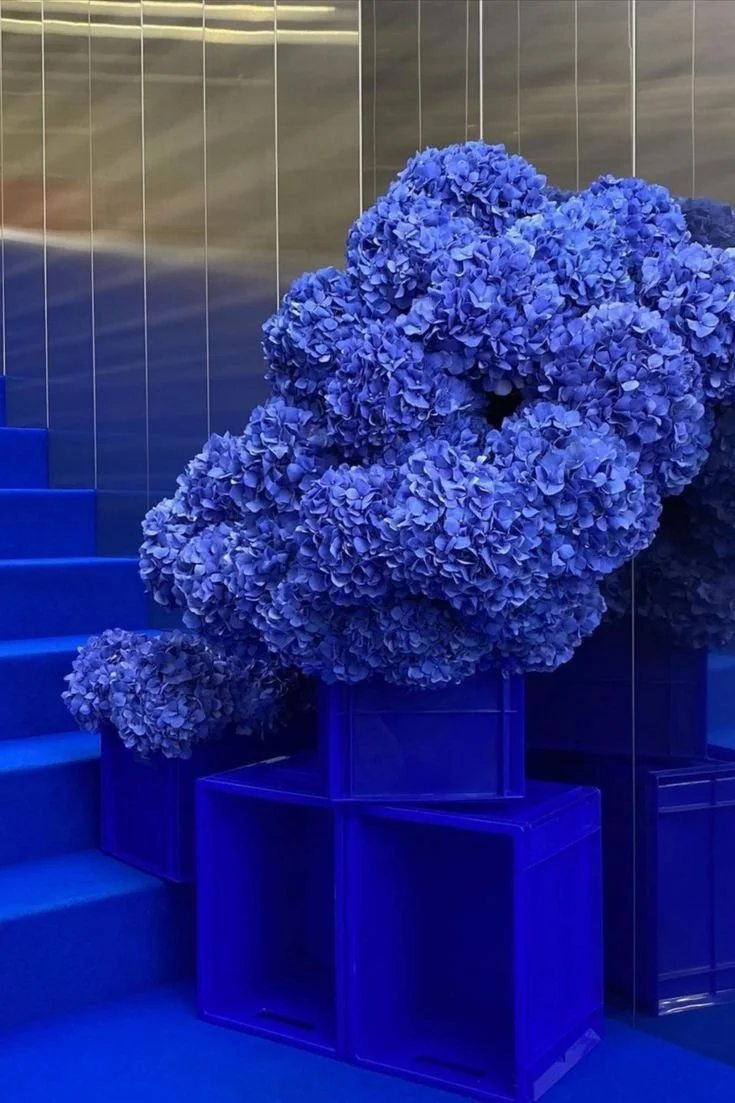 Blue hydrangea flowers arranged on blue pedestals beside a blue staircase.