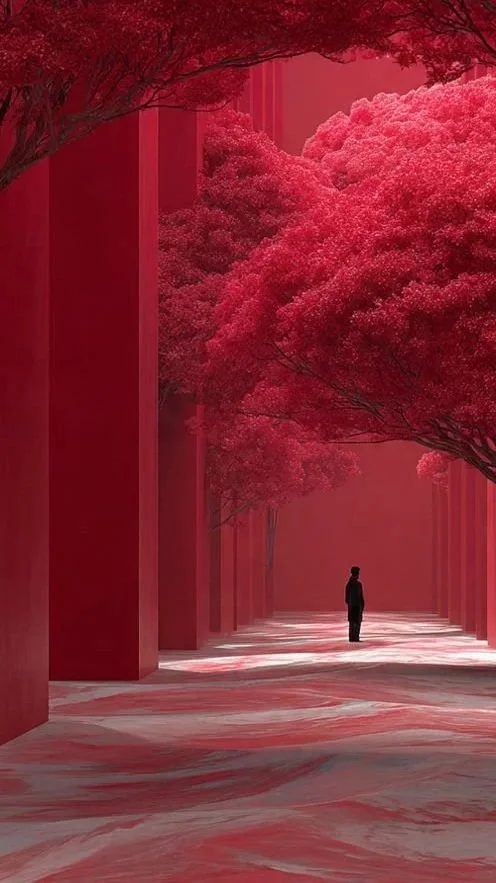 A person walking through a surreal pink landscape with large pink trees and vertical pink structures.