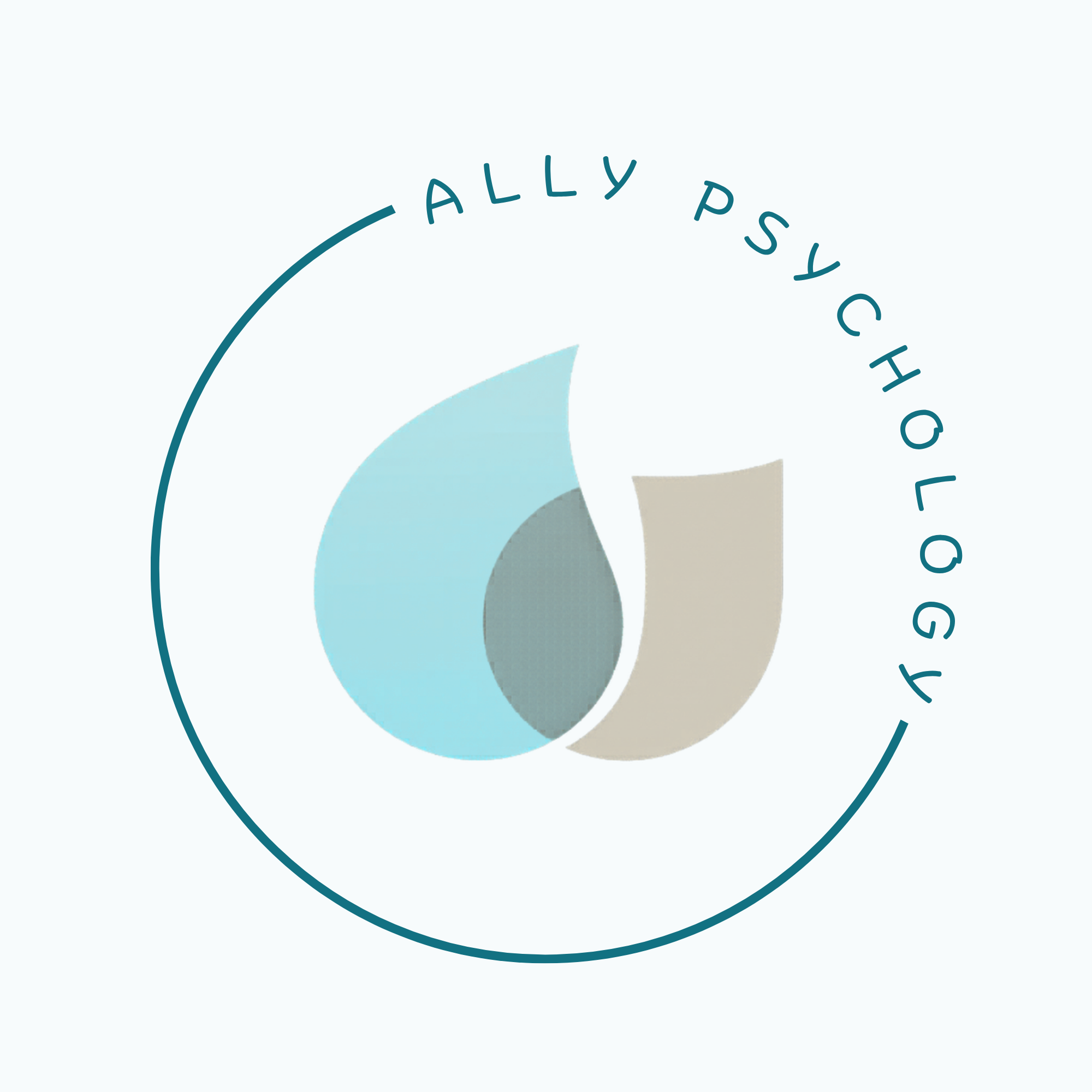 Close-up of circular text reading 'ALLY PSYCHOLOGY' around a design with a curved light blue shape and beige shape on a pale background.