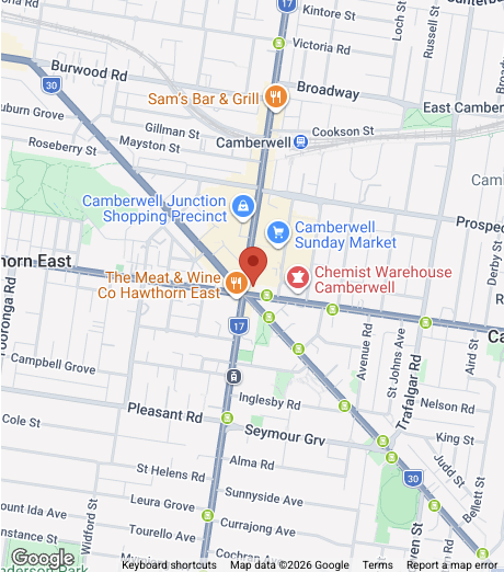Map showing the location of Sam's Bar & Grill, Chemist Warehouse, Cambiwell Junction Shopping Precinct, and Cambiwell Sunday Market in Camberwell, with nearby roads and landmarks.
