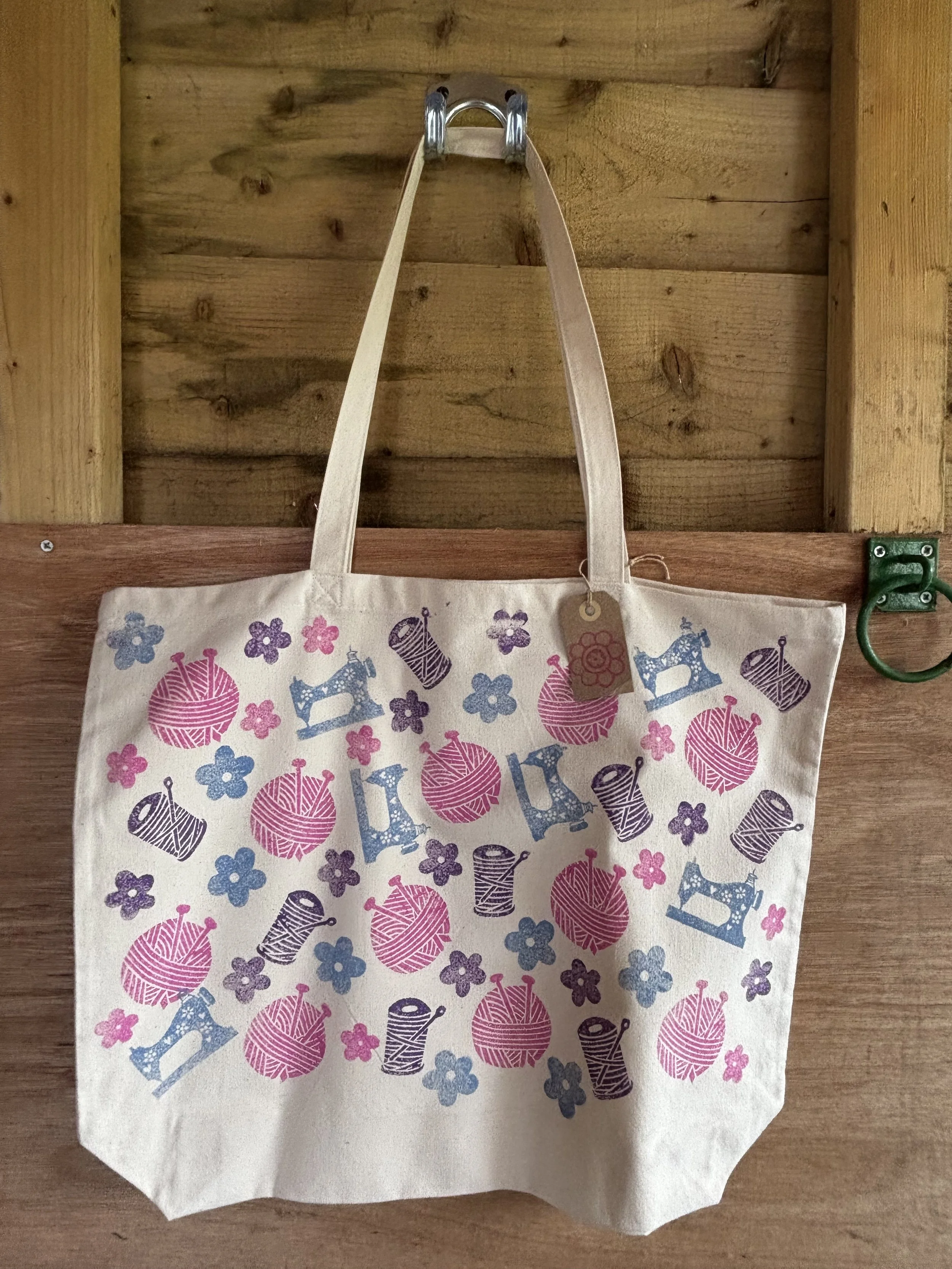 Large Hand Printed Cotton Tote Shopping Bag - Sewing Knitting Theme