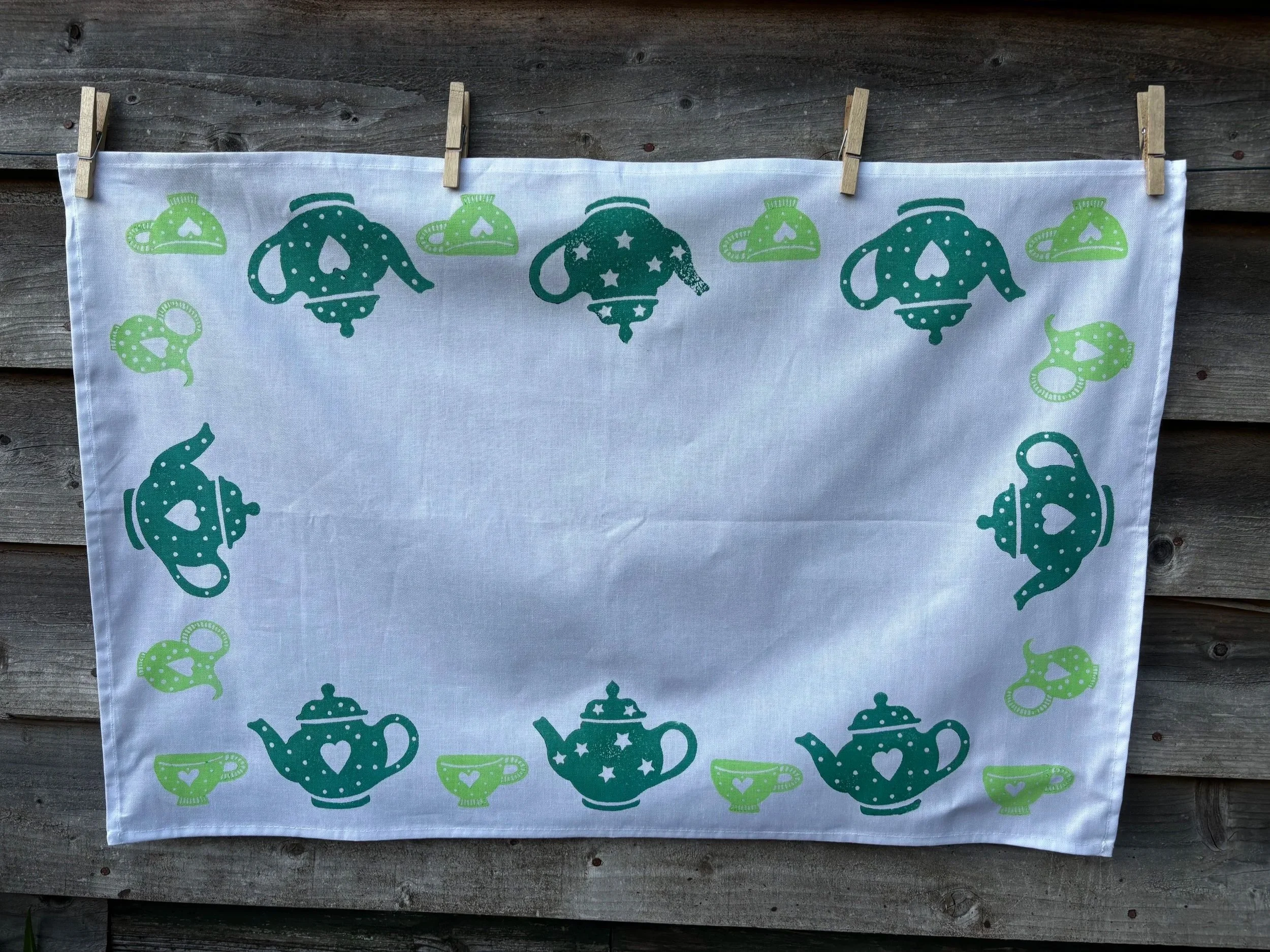 Woodblock Printed Cotton Tea Towel | British Artisan Made Textiles | Tea Time