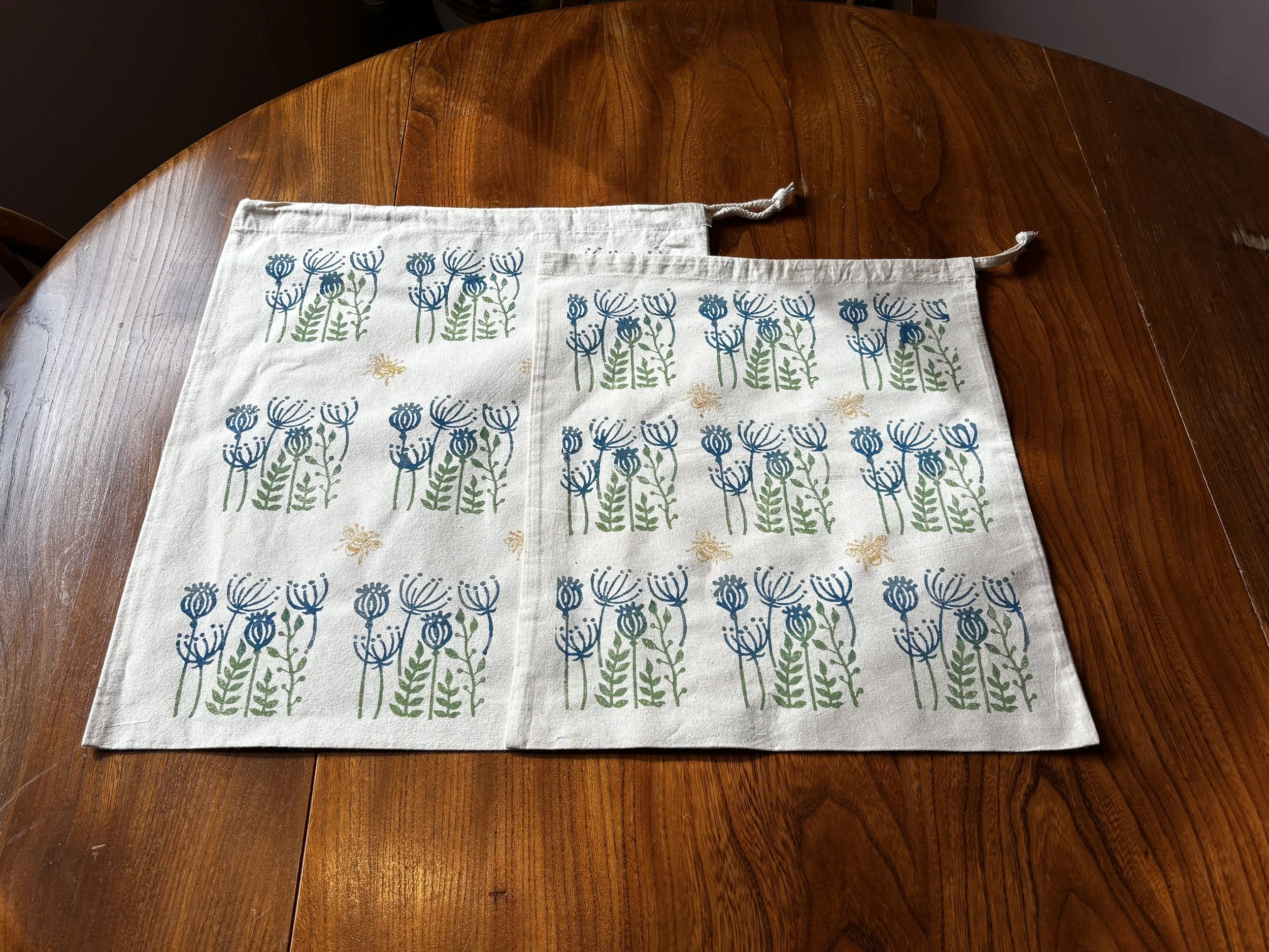 Set of TWO Woodblock Printed Cotton Drawstring Bags