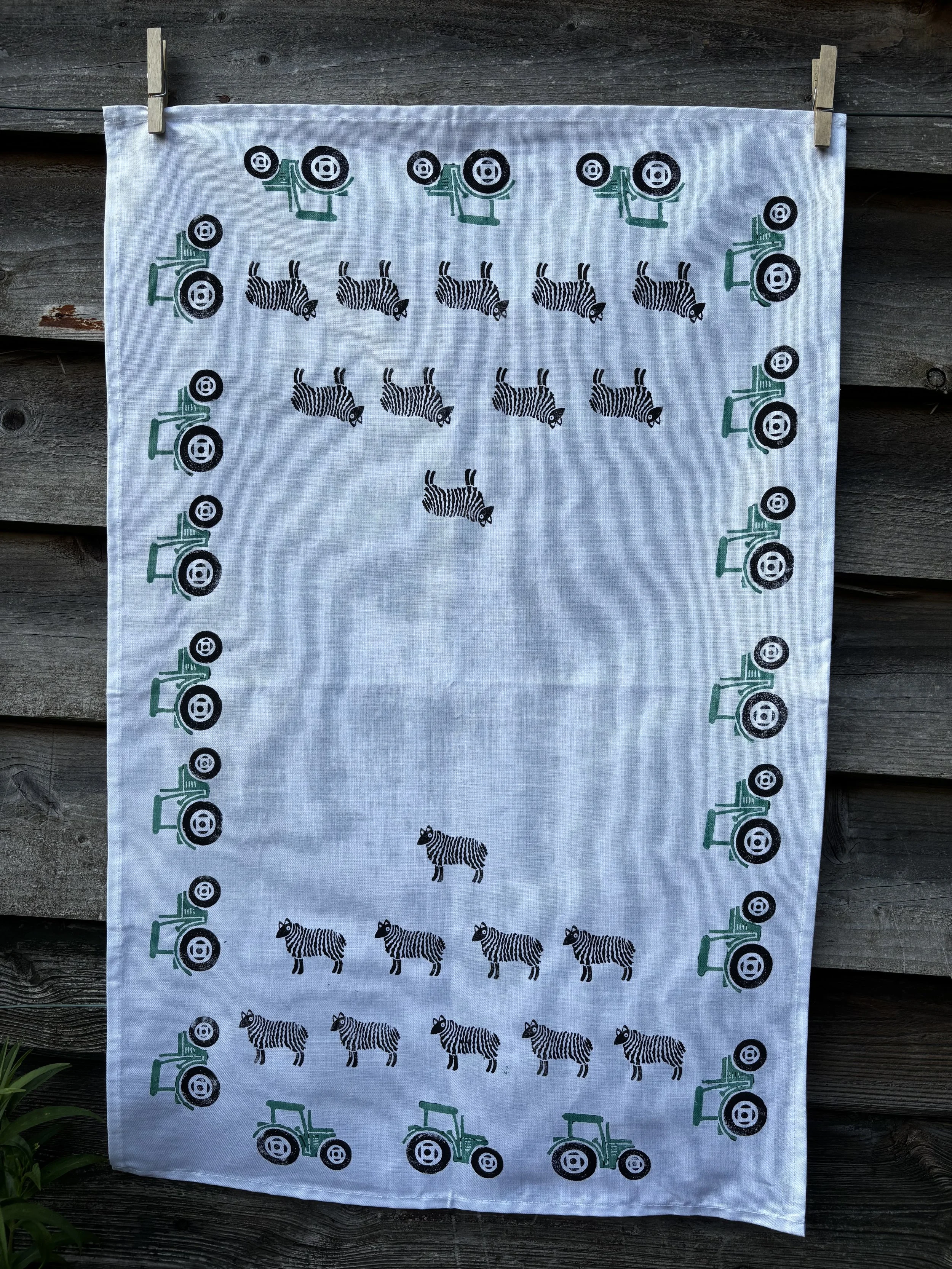 Woodblock Printed Tea Towel | British Artisan Made Textiles | Tractors and Sheep