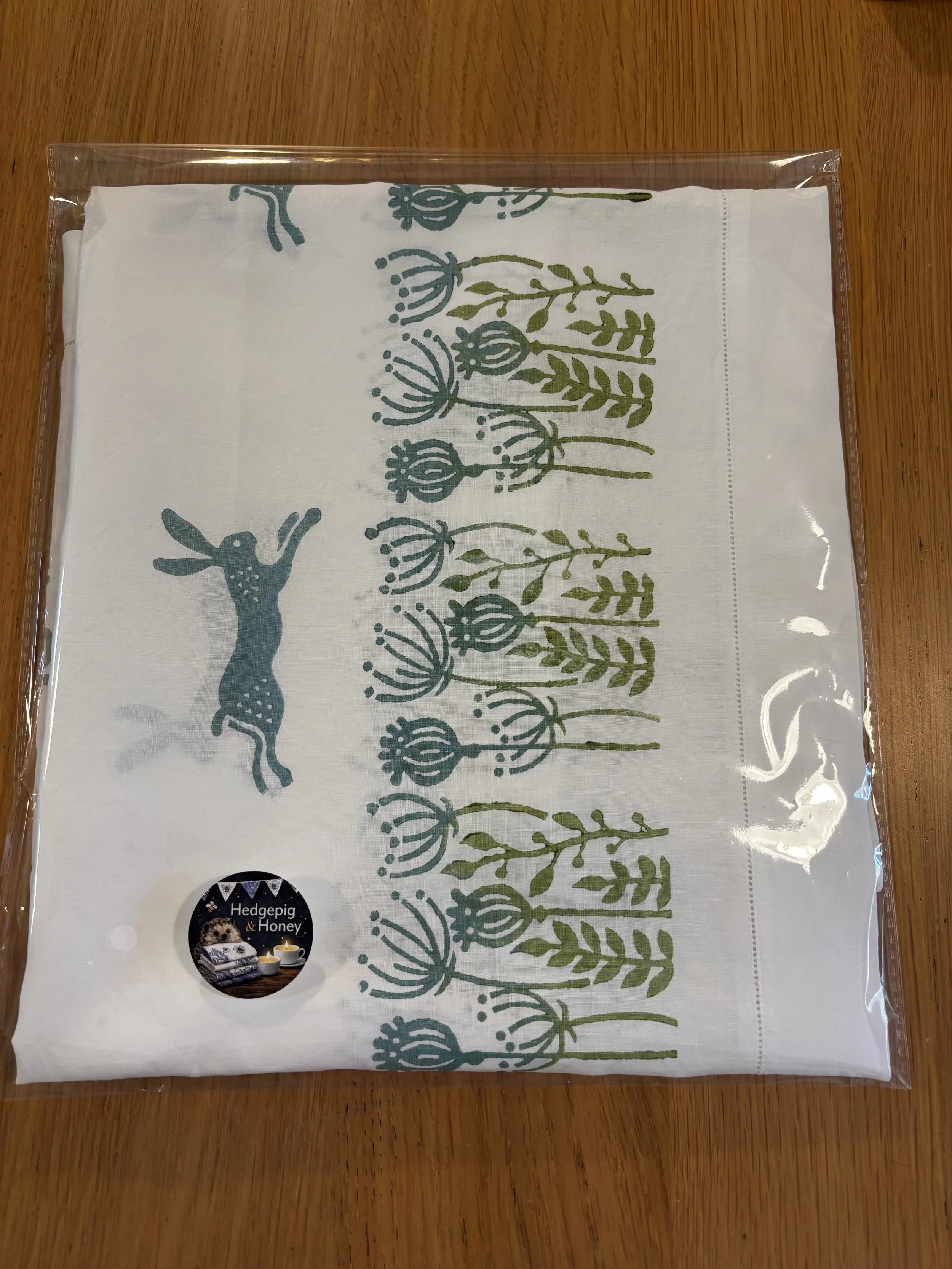 Upcycled Vintage Tablecloth Woodblock Printed | Hares