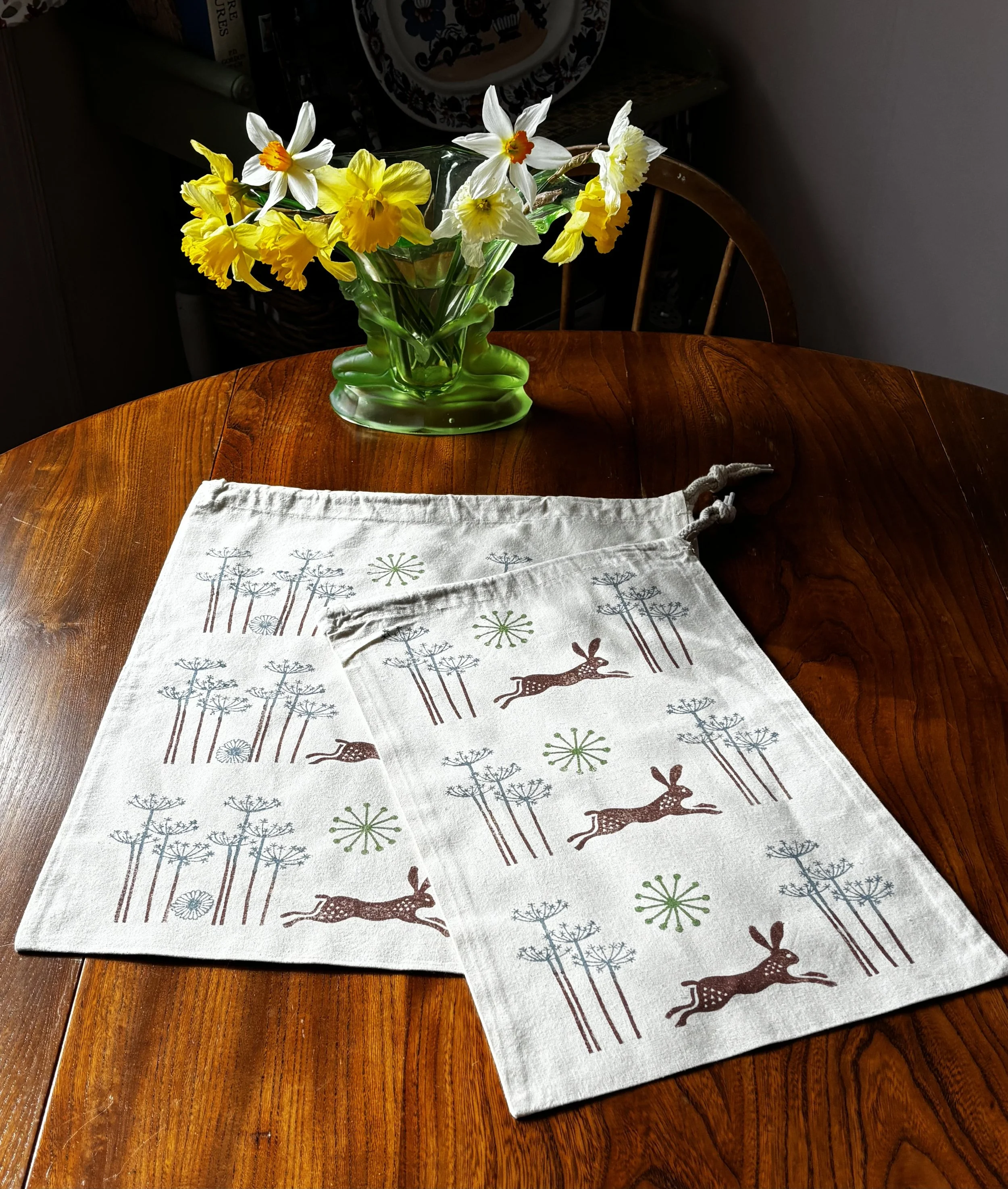 Set of TWO Woodblock Printed Cotton Drawstring Bags