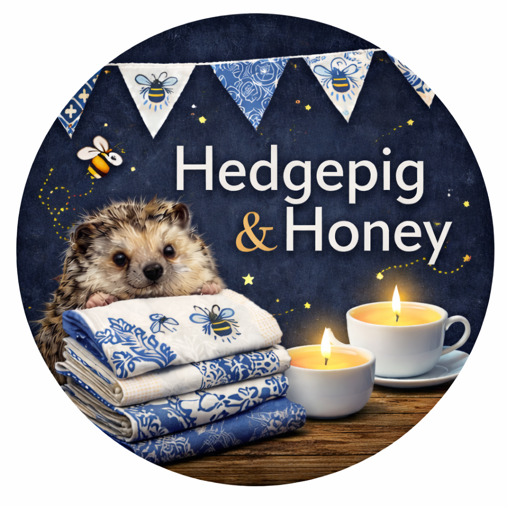 A round design with a plush hedgehog peeking over a stack of blue and white fabric, two lit candles, and hanging decorative banners with bee and floral patterns, with the text "Hedgepig & Honey".