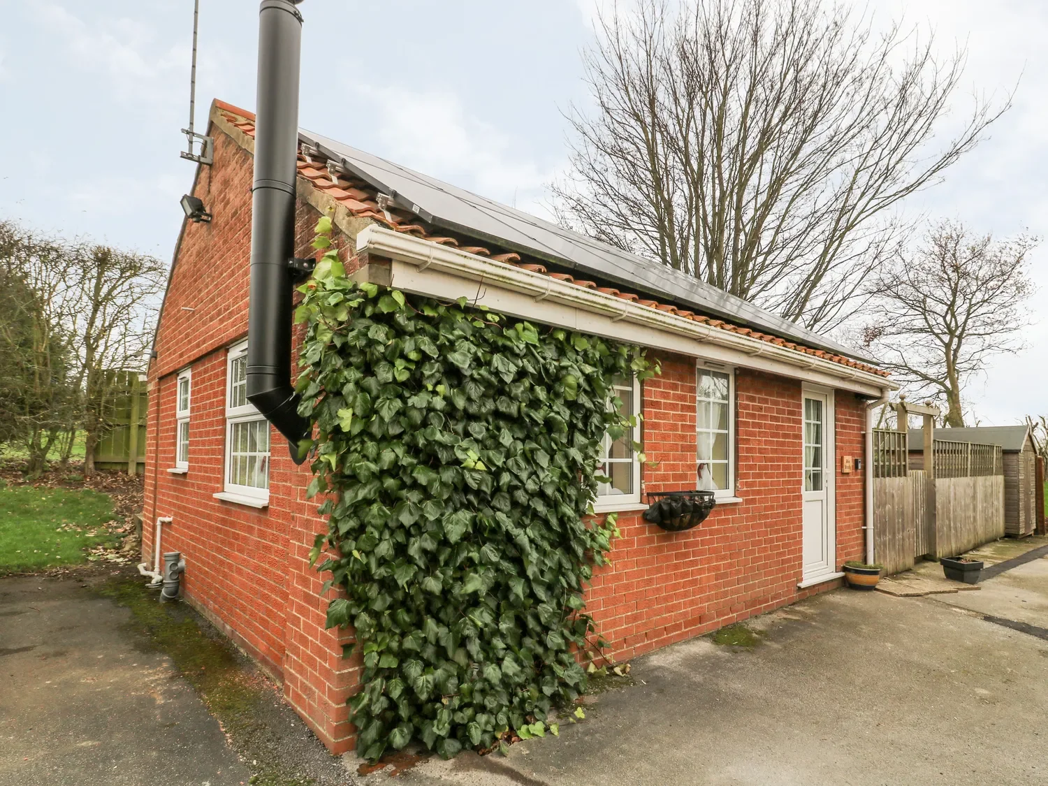 A red brick house with white-framed windows and a white front door, partially covered by green ivy, in a suburban yard with a paved driveway and a wooden fence in the background.