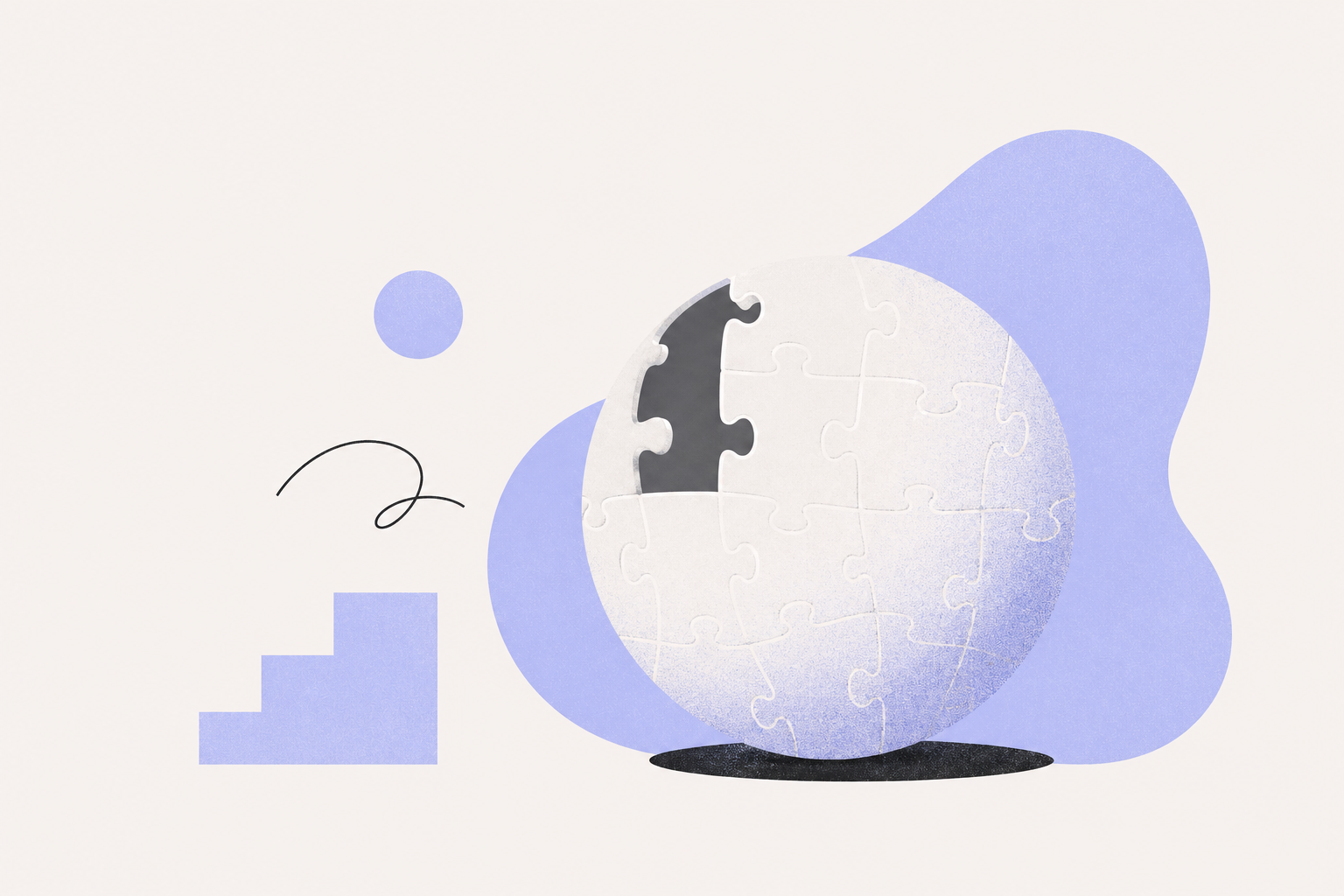 A spherical globe made of white puzzle pieces with one piece missing, placed on a white background with abstract blue shapes and a small purple circle in the background.