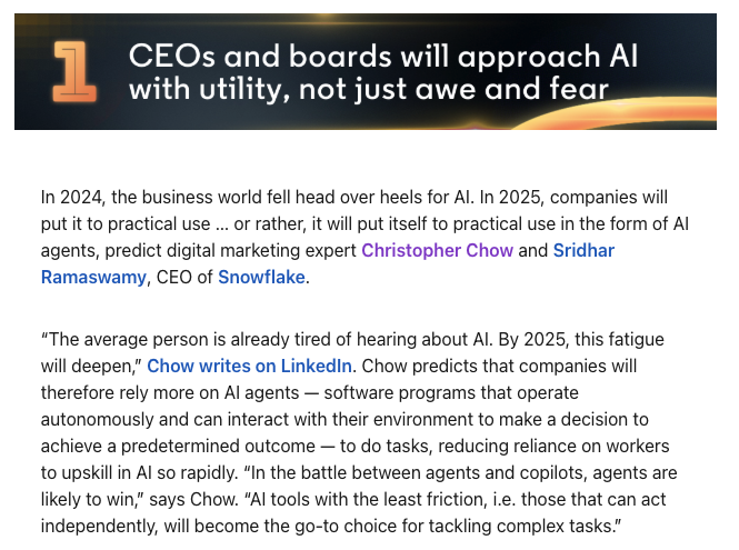 Title slide with large number '1' and text about CEOs and boards approaching AI with utility, not fear, on a dark background with a glowing line.