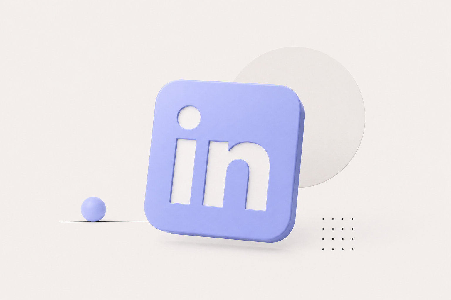 LinkedIn logo in purple with geometric shapes in the background on a light gray surface.