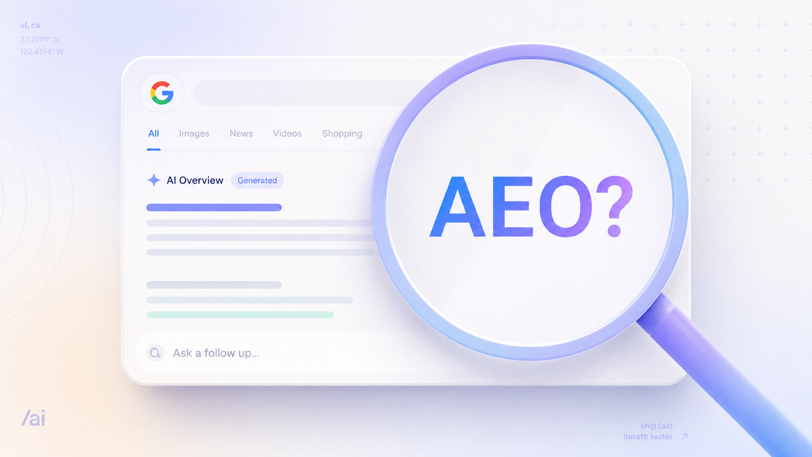 A computer screen displaying a Google search page with a magnifying glass highlighting the text 'AEO?'