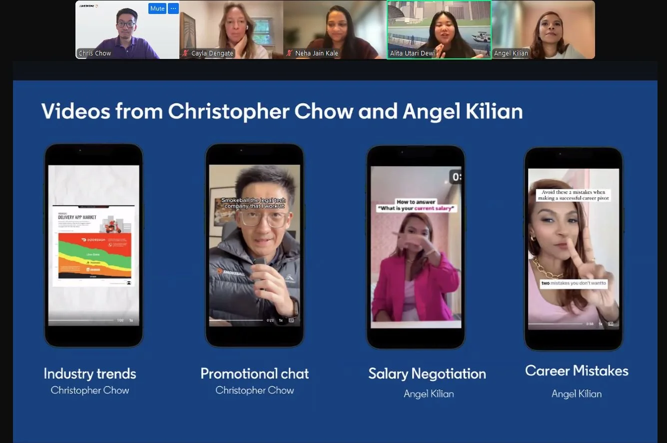 Screenshot of a virtual meeting with five participants at the top and a blue presentation slide underneath. The slide features four smartphones displaying videos, titled 'Videos from Christopher Chow and Angel Kilian.' Video topics include industry trends, promotional chat, salary negotiation, and career mistakes, credited to Christopher Chow and Angel Kilian.