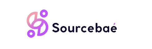Logo of Sourcebaé with purple and black text and a circular graphic element.