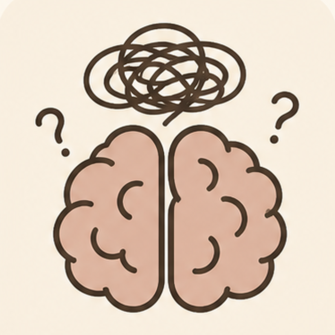 Coaching. Self esteem. Therapy. Illustration of a brain with a tangled scribble above it and question marks on each side, symbolizing confusion or mental clutter.