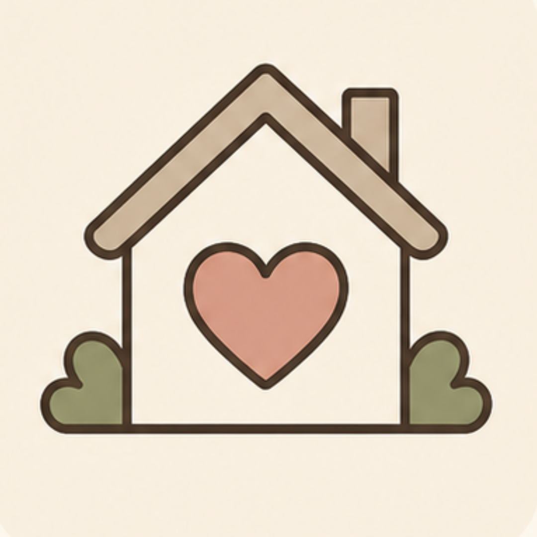 Relationship coaching parent coaching. An illustration of a house with a pink heart in the center and green heart-shaped bushes on each side.