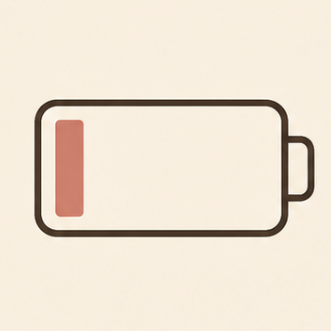 burn out low self esteem. Low battery warning icon with a nearly empty red battery indicator.