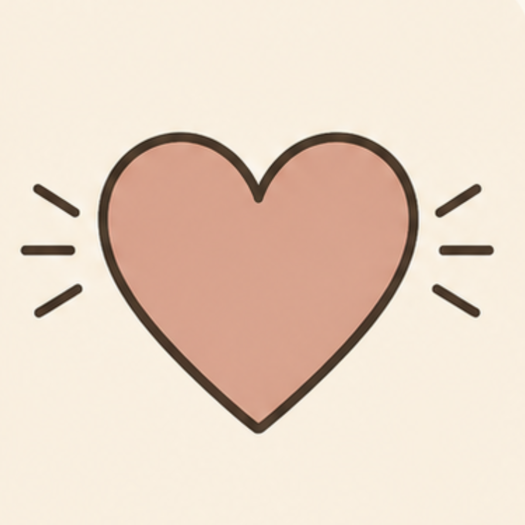 Pink heart with black outline and short lines radiating from both sides on a light beige background.