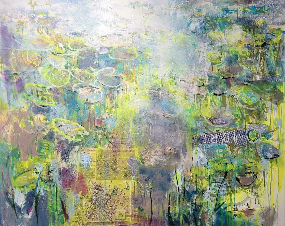 Giverny, à l'ombre de Monet, 2025, 120 x 150 cm; collage, acrylics and spray paints on canvas; €3,500