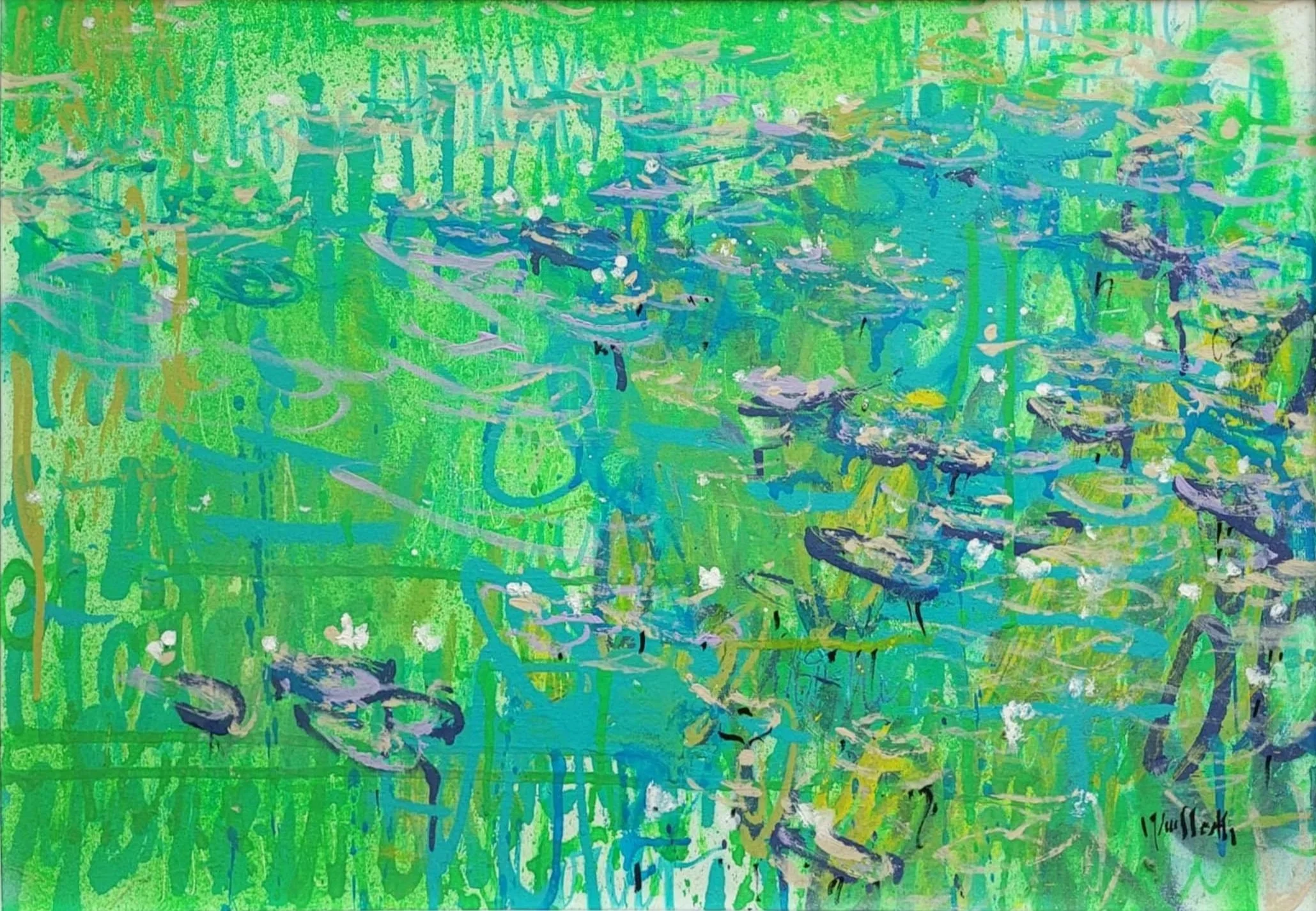 MonetMonetMonet (Nympheas), 2024, 50 x 70 cm; collage, acrylic, spray paint and permanent marker on canvas; €1,500