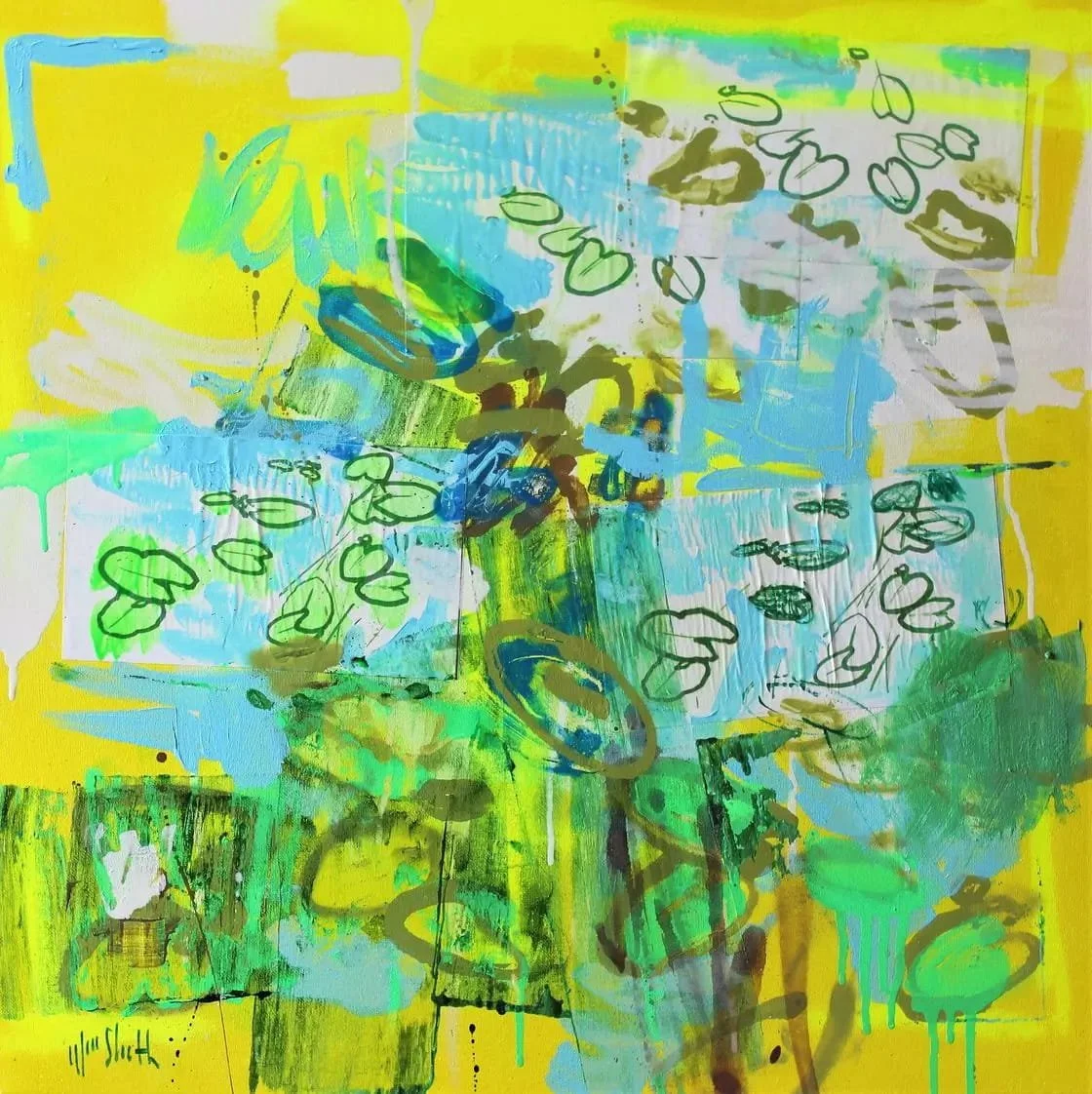 MonetMonetMonet, Yellow Fluo, 2020, 60 x 60 cm; spray paint, brush and markers on canvas with collage; €1,500