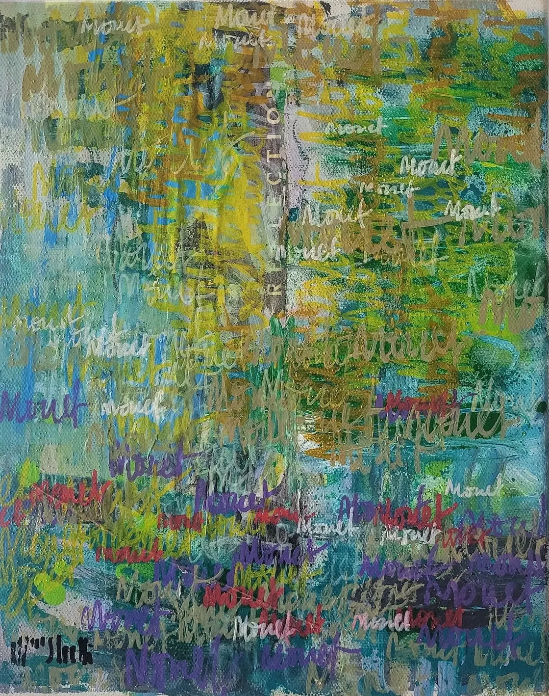 Abstract mixed media art piece by artist Wayne Sleeth with layered, colorful scribbles of handwritten "Monet, Monet, Monet" in various colors including gold, white, purple, red, and green.