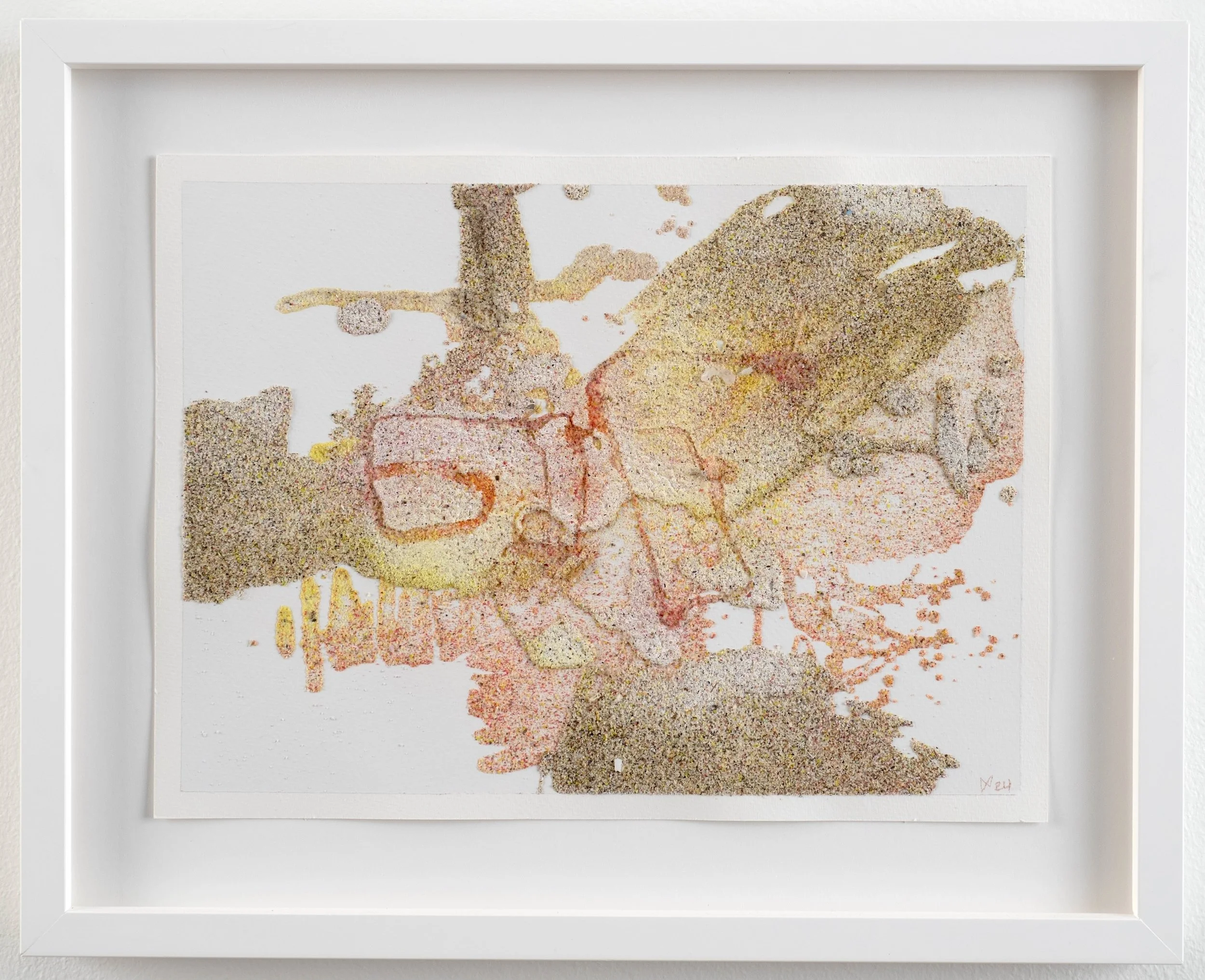 Drawing From Nowhere, 2024, natural and colored sand, debris, polymer glues on paper, 31.75 x 39.4 cm framed, €1000