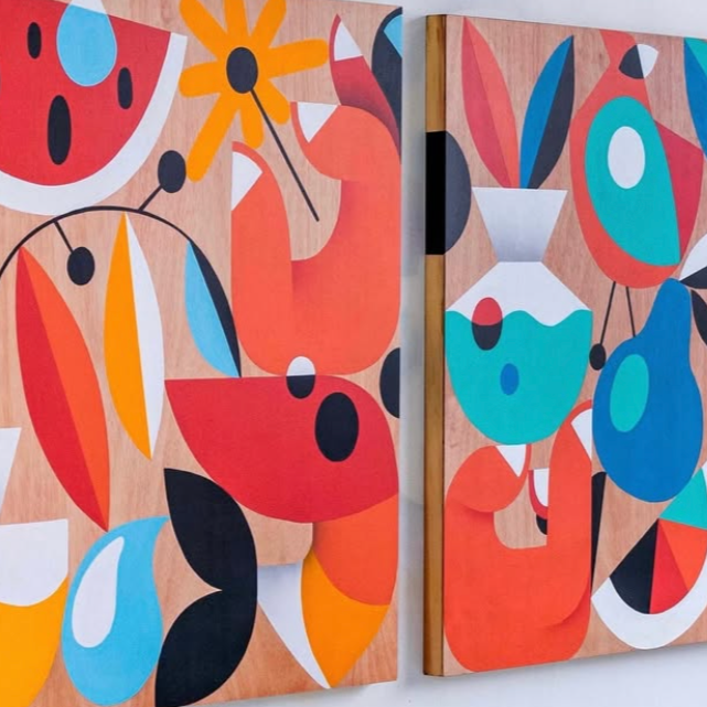 Two colorful abstract paintings by artist Ruben Sanchez featuring floral and geometric shapes in shades of red, orange, blue, black, and white.