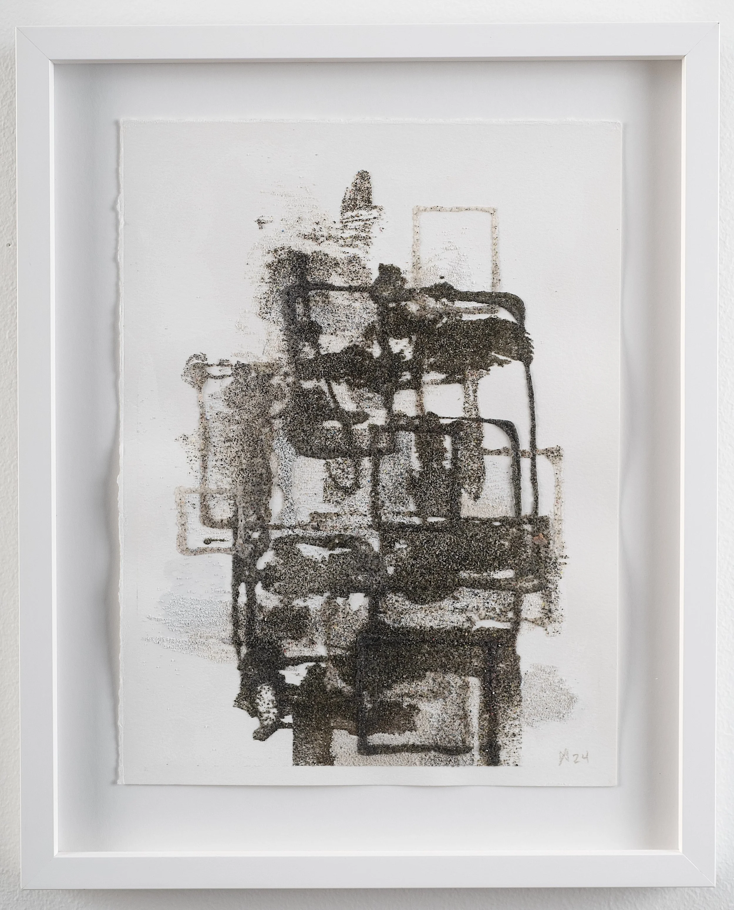 Drawing From Nowhere, 2024, natural and colored sand, debris, polymer glues on paper, 39.4 x 31.75 cm framed, €1000