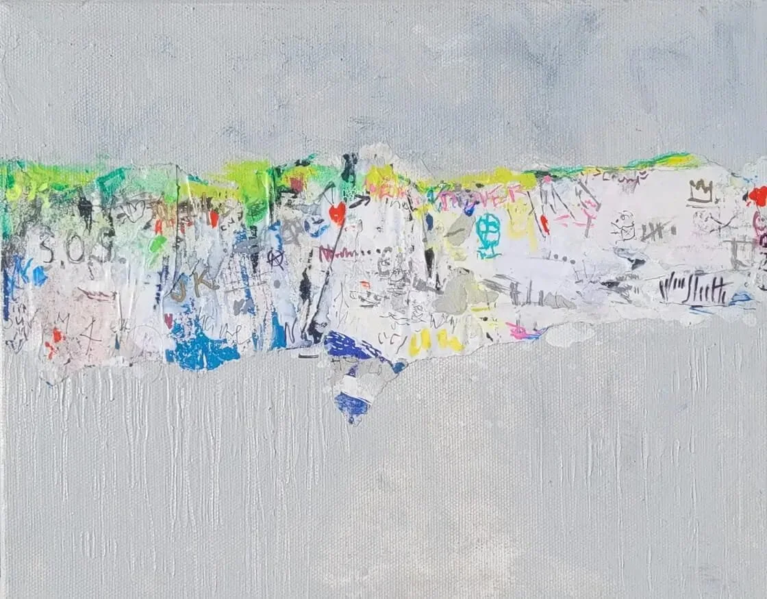 Over Dover, 2020, 31 x 37 cm (framed); acrylics, markers and collage on canvas; €800
