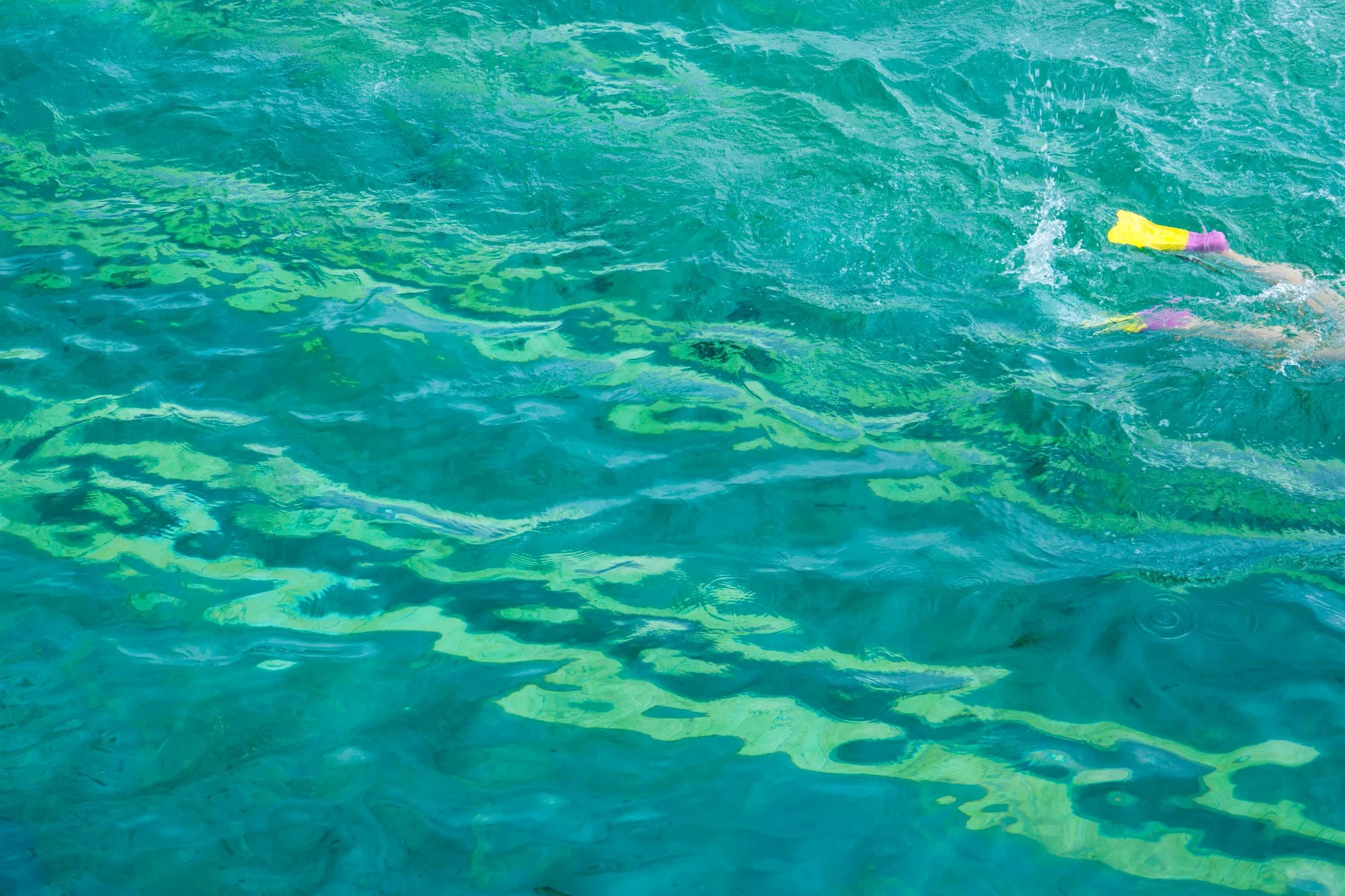 Abstract color field fine art photograph by Kimberly Poppe of a person swimming in a pool with turquoise water, wearing yellow and pink swim fins. 