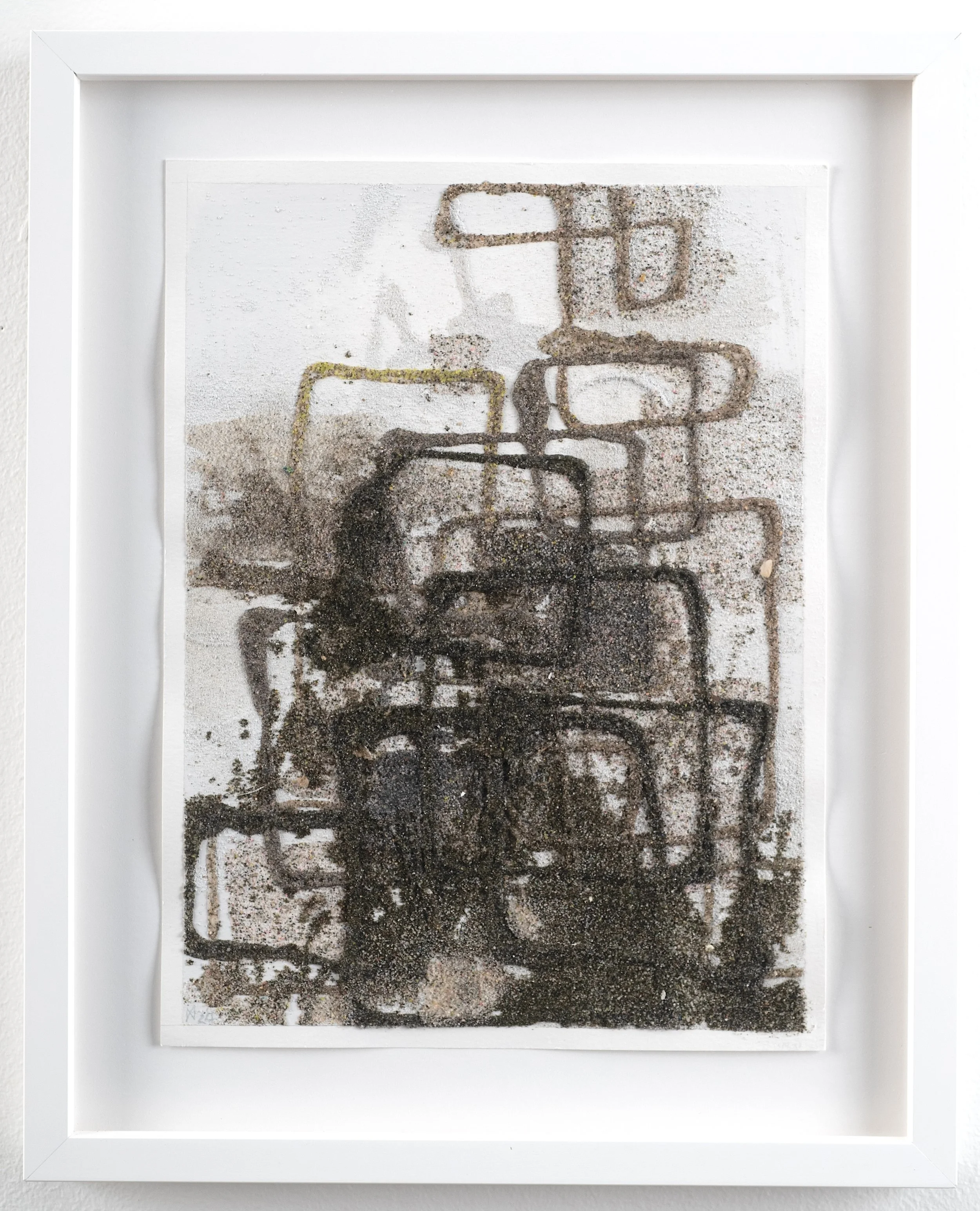 Drawing From Nowhere, 2024, natural and colored sand, debris, polymer glues on paper, 39.4 x 31.75 cm framed, €1000