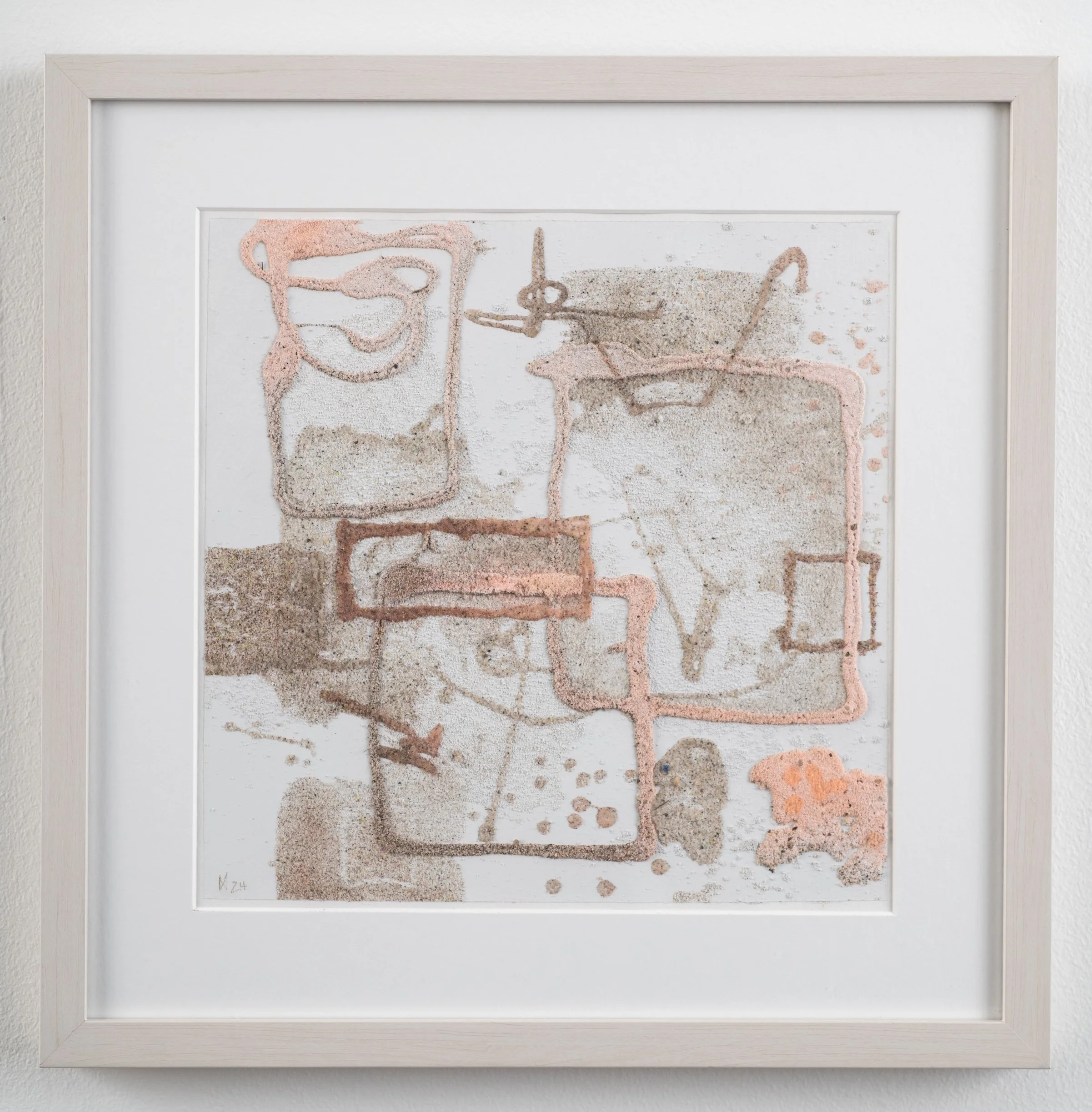 Drawing From Nowhere, 2024, natural and colored sand, debris, polymer glues on paper, 41.9 x 41.9 cm framed, €1200