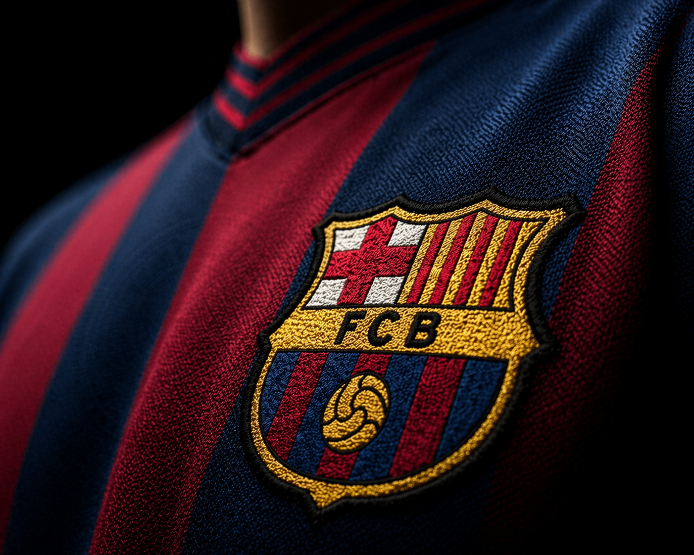 Close-up of a FC Barcelona soccer jersey with red and blue vertical stripes and the club's crest embroidered on the chest.