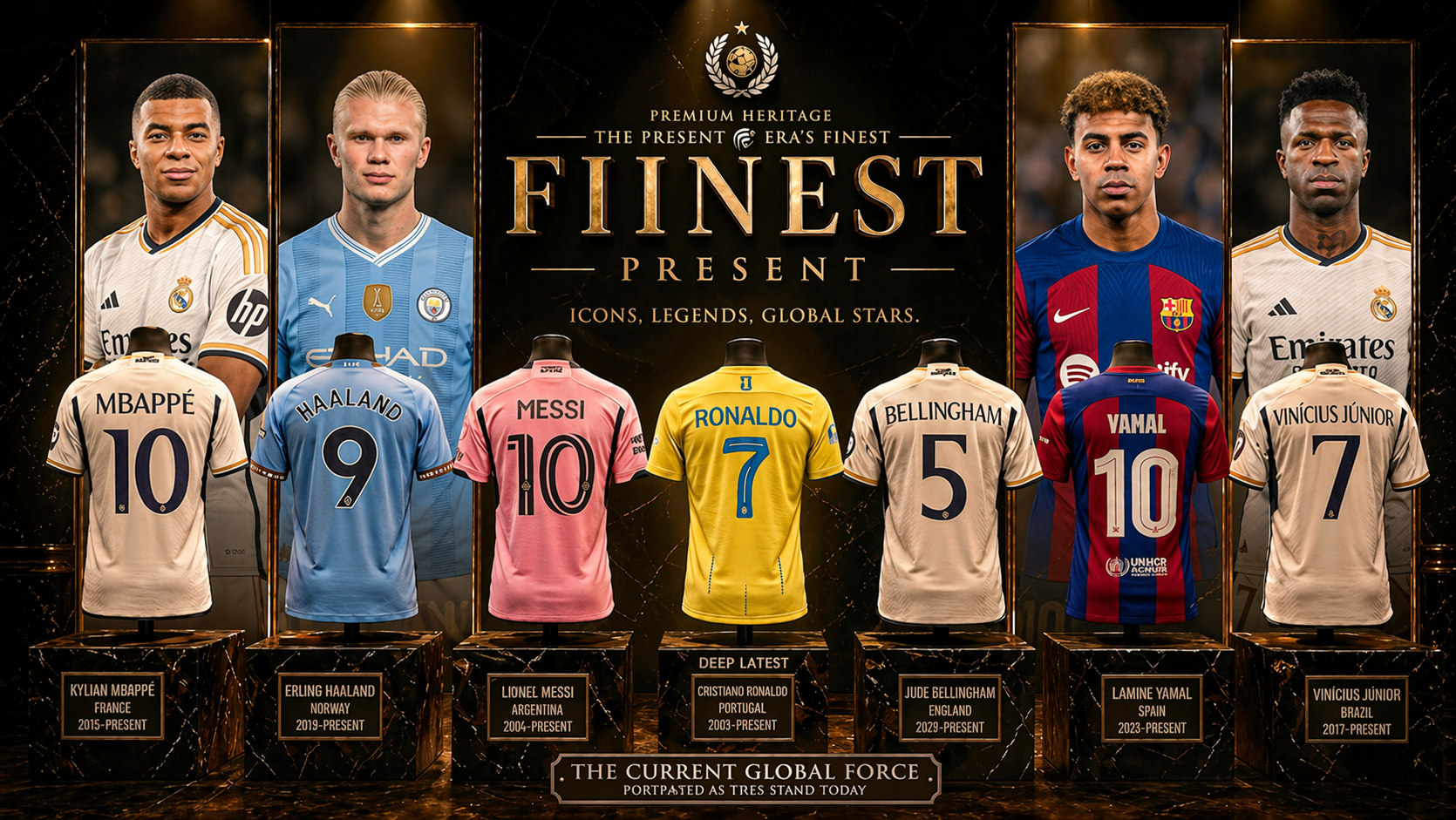 Graphic featuring five football players and their jerseys, highlighting iconic players Cristiano Ronaldo, Lionel Messi, Jude Bellingham, Kylian Mbappé, and Vinicius Junior, from different countries, with text emphasizing their status as legends and global stars.