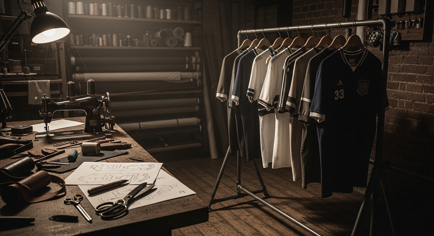 Clothing workshop with a rack of sports jerseys, sewing patterns, tools, and equipment on a wooden table.