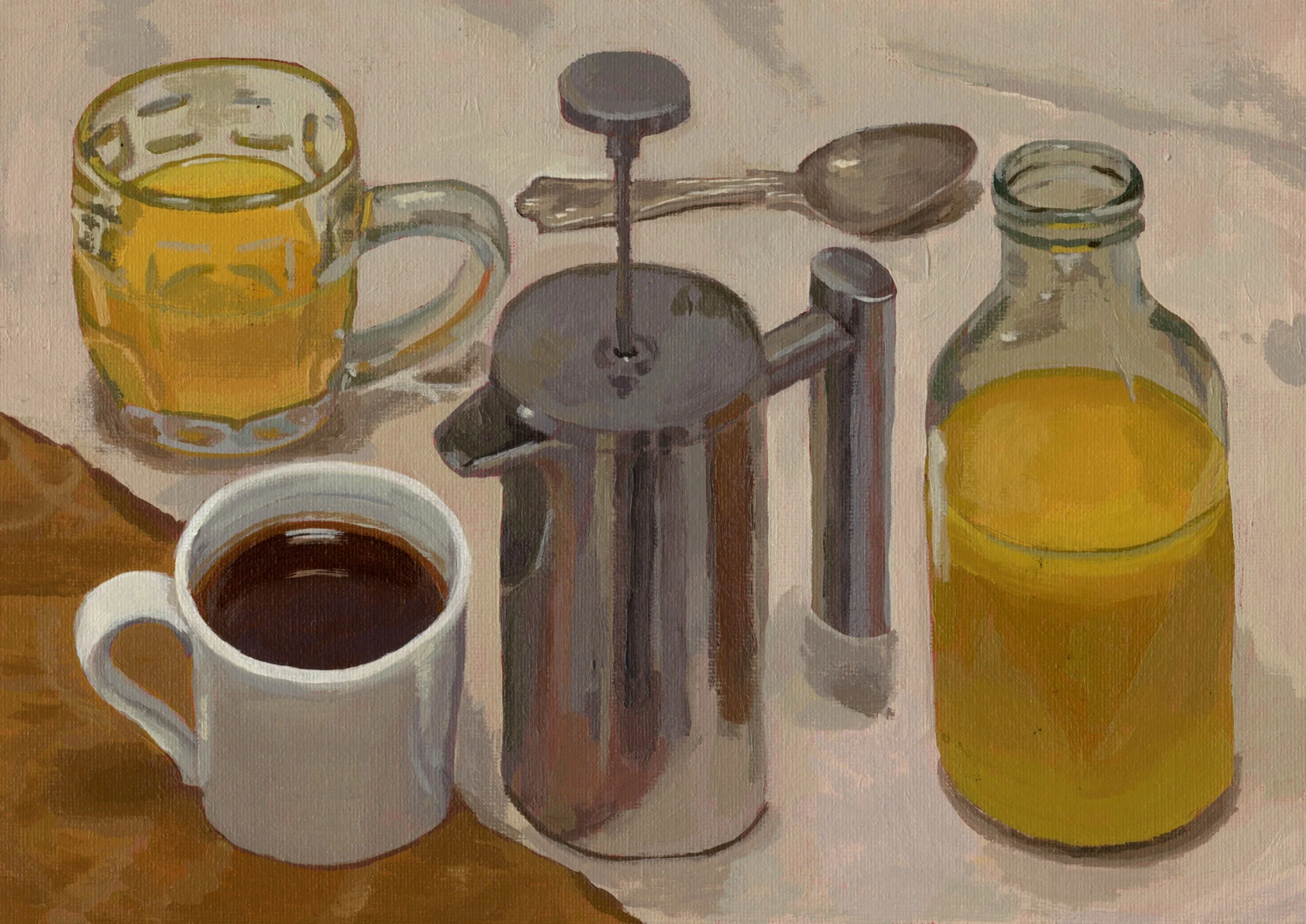 Acrylic oil painting of a breakfast scene with a mug of coffee, a glass of orange juice, a spoon, a small jar of honey, a plate, and a cafetière on a wooden table.