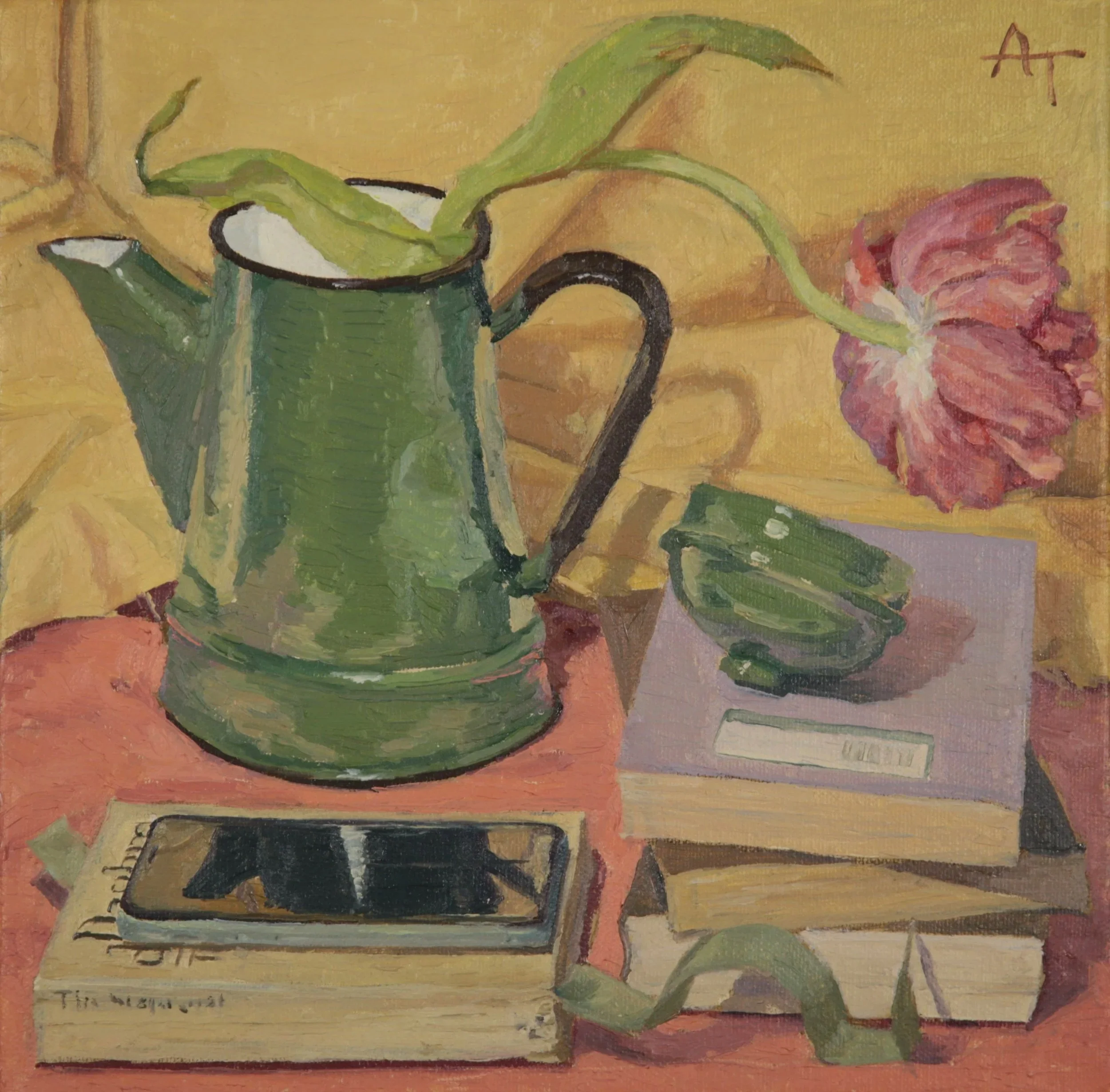 Modern still life painting of a green enamel teapot  with a plant inside, a pink tulip flower, and an iPhone lying on a closed book on a pink linen surface with a yellow background.