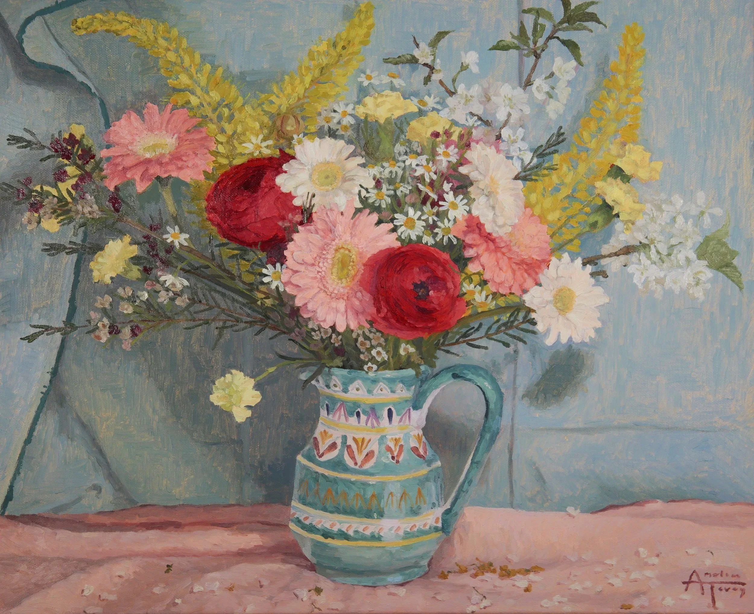 A still life oil painting of a bouquet of various flowers in a decorative vase. The flowers include pale pink, white, red, and yellow blooms, set against a light blue background with a pinkish table surface scattered with cherry and apple blossoms.