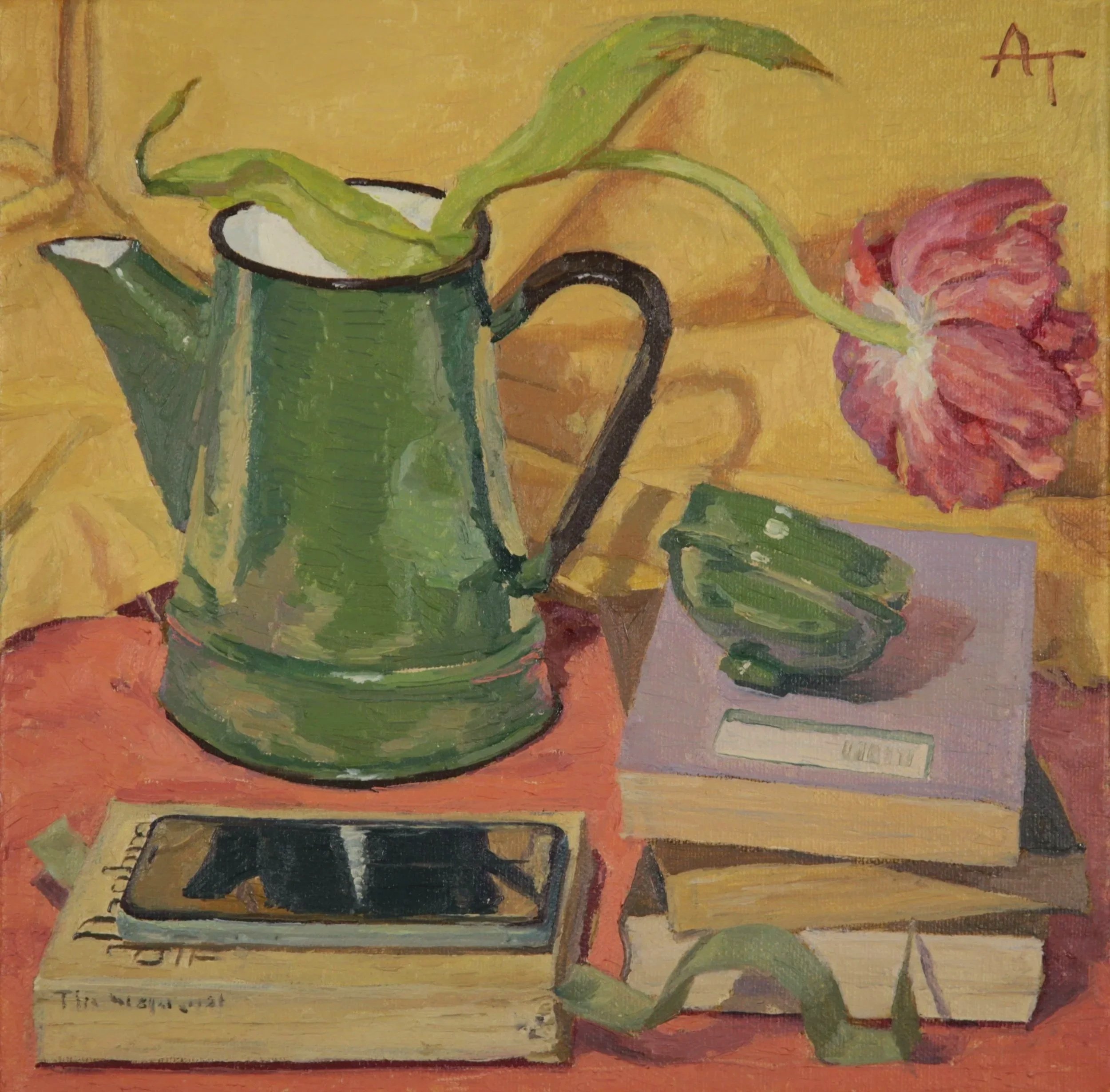 Modern still life painting of a green enamel teapot  with a plant inside, a pink tulip flower, and an iPhone lying on a closed Daphne Du Maurierbook on a pink linen surface with a yellow background.