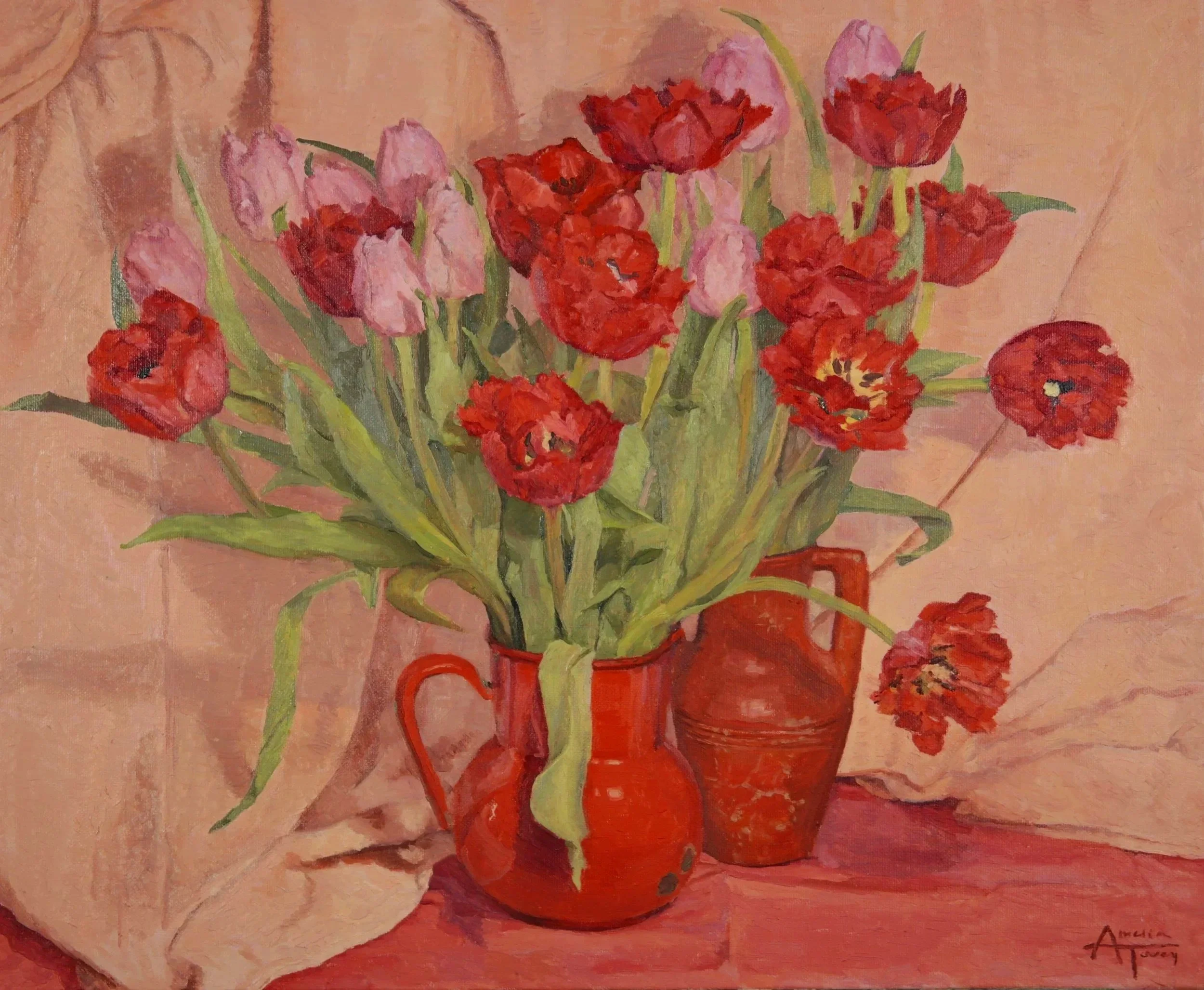 A still life painting of a bouquet of pink and red tulips in a pair of red vases, placed on a pink surface with a pink cloth background. 